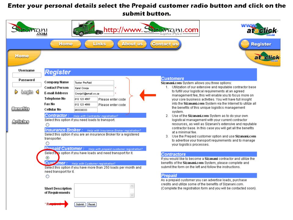 Enter your personal details select the Prepaid customer radio button and click on the submit button.