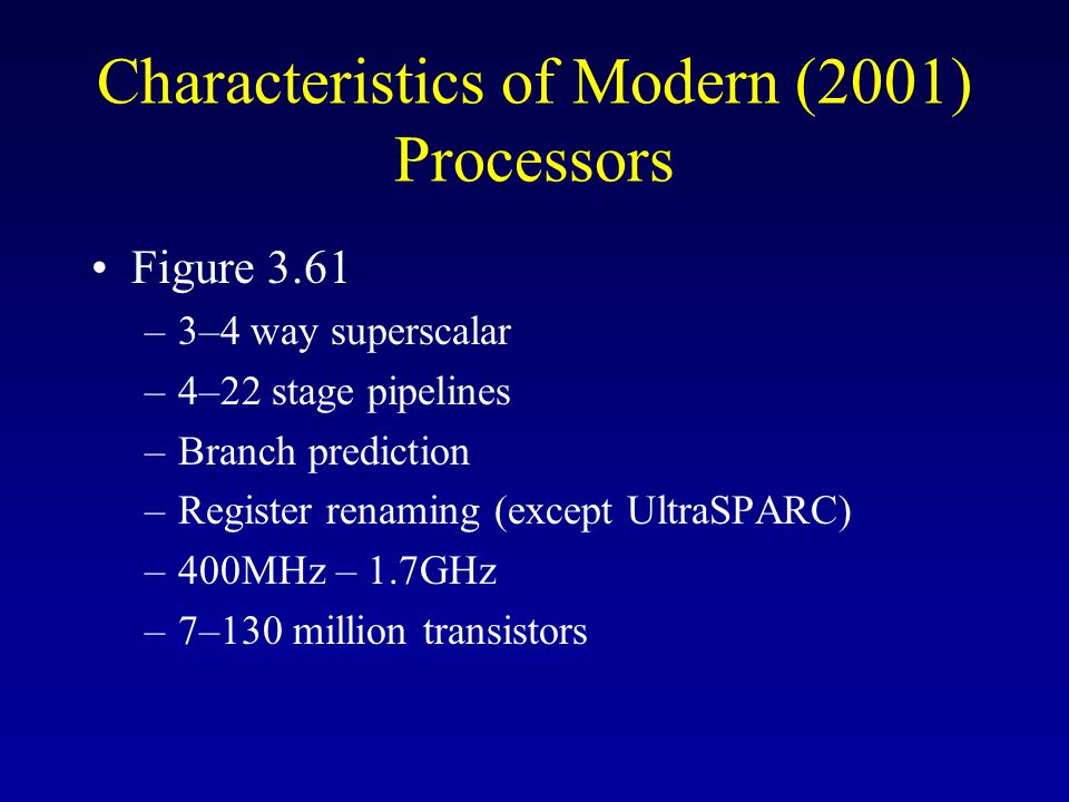 Characteristics of Modern (2001) Processors Figure 3.61 –3–4 way superscalar –4–22 stage pipelines –Branch prediction –Register renaming (except UltraSPARC) –400MHz – 1.7GHz –7–130 million transistors