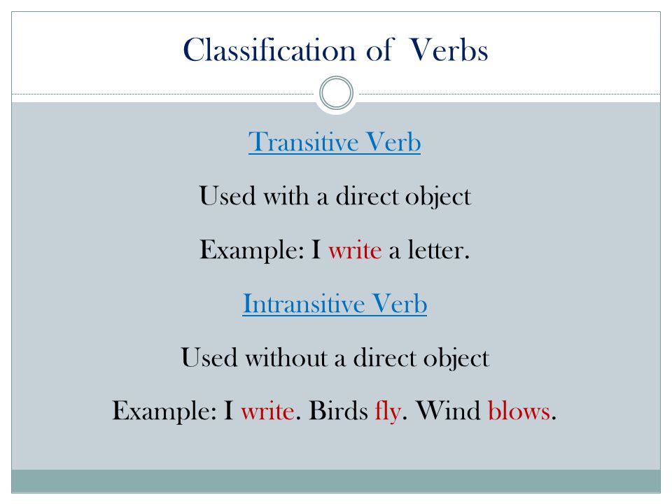Classification of Verbs Transitive Verb Used with a direct object Example: I write a letter.