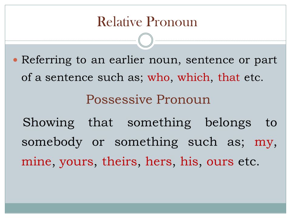 Relative Pronoun Referring to an earlier noun, sentence or part of a sentence such as; who, which, that etc.