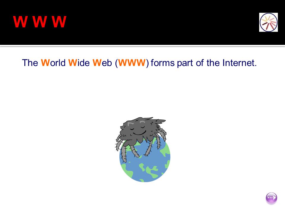 W W W The World Wide Web (WWW) forms part of the Internet.