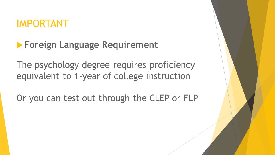 IMPORTANT  Foreign Language Requirement The psychology degree requires proficiency equivalent to 1-year of college instruction Or you can test out through the CLEP or FLP