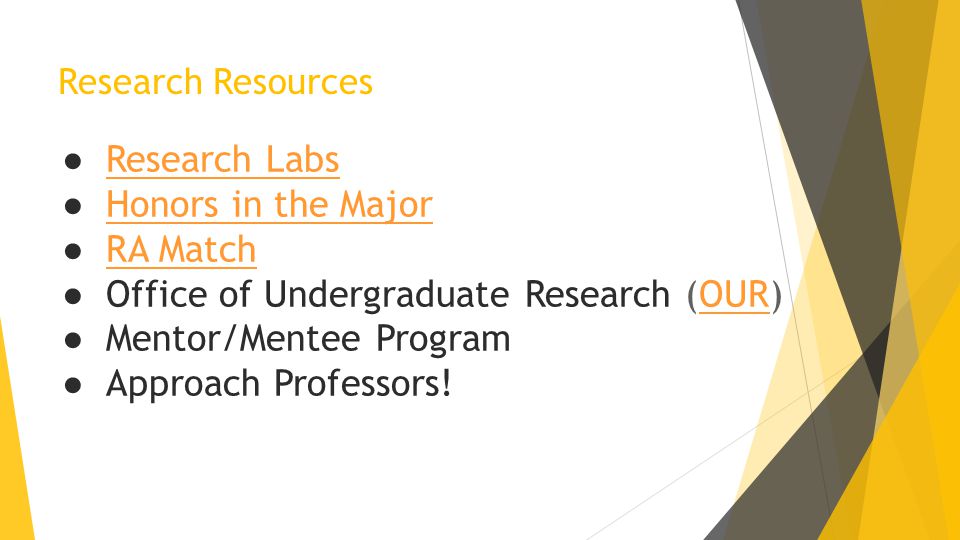 Research Resources ● Research Labs Research Labs ● Honors in the Major Honors in the Major ● RA Match RA Match ● Office of Undergraduate Research (OUR)OUR ● Mentor/Mentee Program ● Approach Professors!