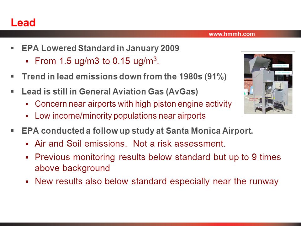 Lead  EPA Lowered Standard in January 2009  From 1.5 ug/m3 to 0.15 ug/m 3.