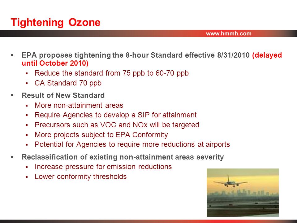 Tightening Ozone  EPA proposes tightening the 8-hour Standard effective 8/31/2010 (delayed until October 2010)  Reduce the standard from 75 ppb to ppb  CA Standard 70 ppb  Result of New Standard  More non-attainment areas  Require Agencies to develop a SIP for attainment  Precursors such as VOC and NOx will be targeted  More projects subject to EPA Conformity  Potential for Agencies to require more reductions at airports  Reclassification of existing non-attainment areas severity  Increase pressure for emission reductions  Lower conformity thresholds