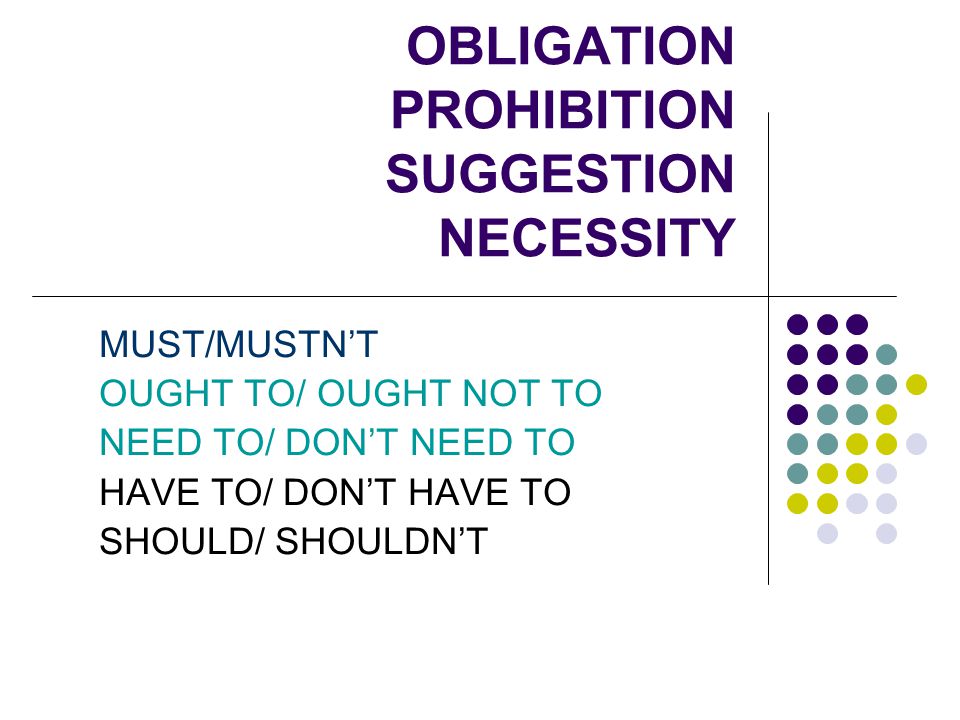 OBLIGATION PROHIBITION SUGGESTION NECESSITY MUST/MUSTN’T OUGHT TO/ OUGHT NOT TO NEED TO/ DON’T NEED TO HAVE TO/ DON’T HAVE TO SHOULD/ SHOULDN’T