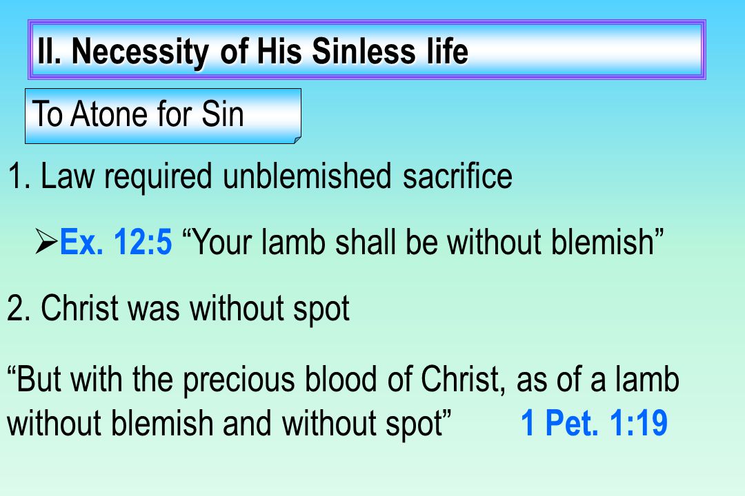 II. Necessity of His Sinless life 1. Law required unblemished sacrifice  Ex.