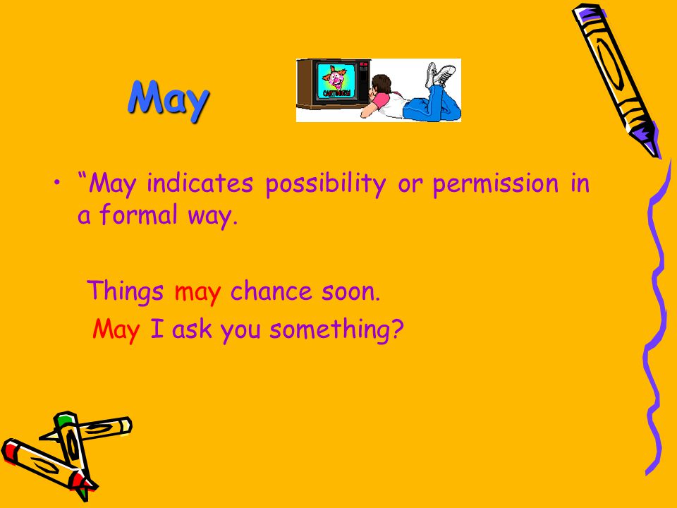 May May indicates possibility or permission in a formal way.