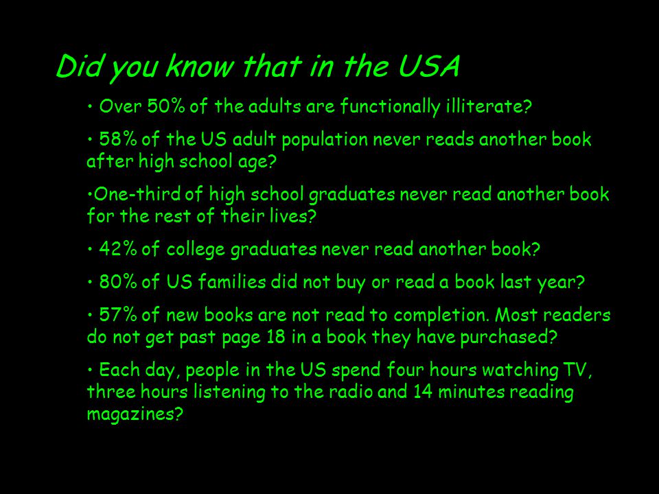 Did you know that in the USA Over 50% of the adults are functionally illiterate.