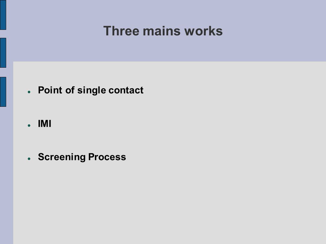 Three mains works Point of single contact IMI Screening Process