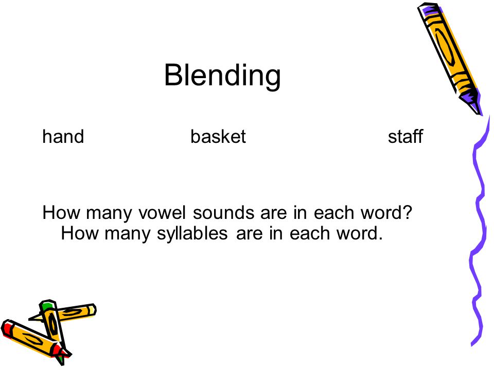 Blending handbasketstaff How many vowel sounds are in each word.