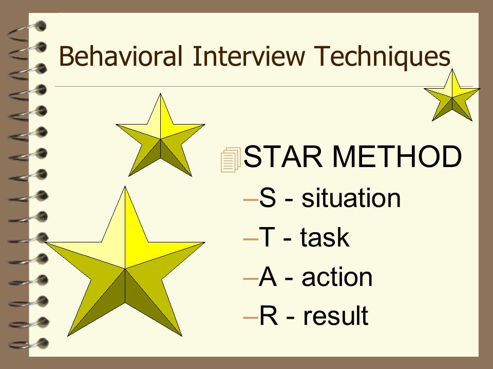 Behavioral Interview Techniques  STAR METHOD –S - situation –T - task –A - action –R - result