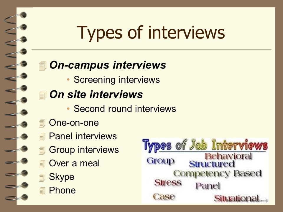 Types of interviews  On-campus interviews Screening interviews  On site interviews Second round interviews  One-on-one  Panel interviews  Group interviews  Over a meal  Skype  Phone
