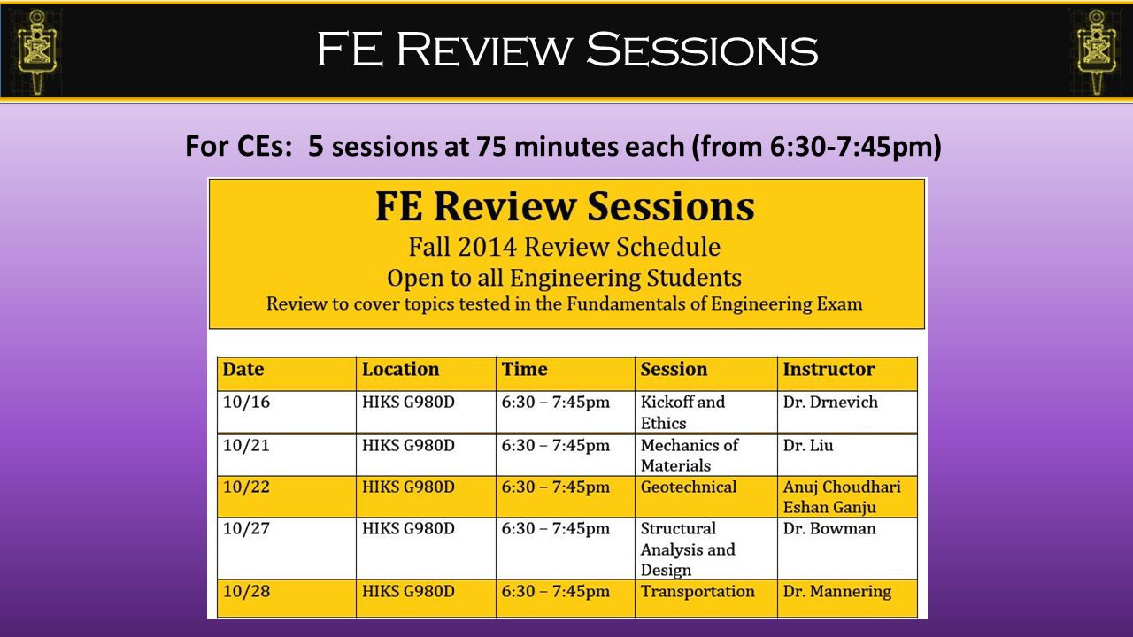 For CEs: 5 sessions at 75 minutes each (from 6:30-7:45pm) FE Review Sessions