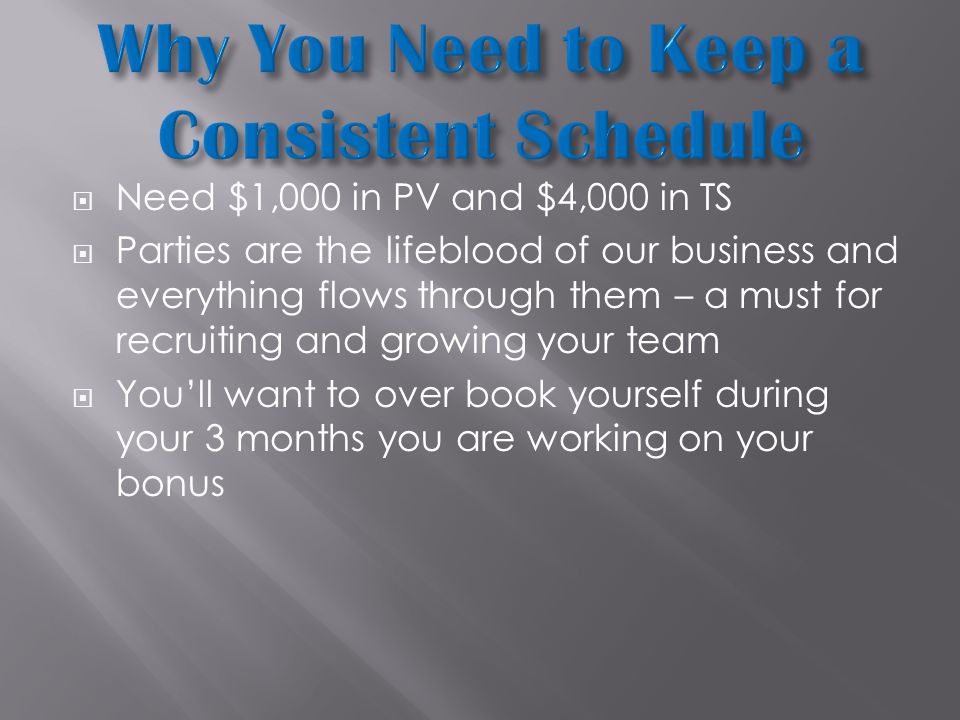  Need $1,000 in PV and $4,000 in TS  Parties are the lifeblood of our business and everything flows through them – a must for recruiting and growing your team  You’ll want to over book yourself during your 3 months you are working on your bonus