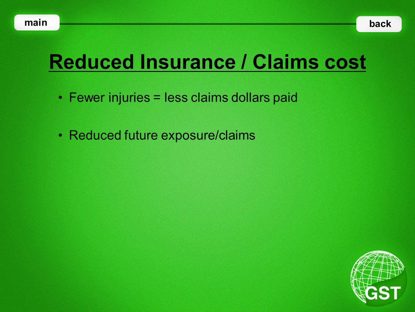 Fewer injuries = less claims dollars paid Reduced Insurance / Claims cost main back Reduced future exposure/claims