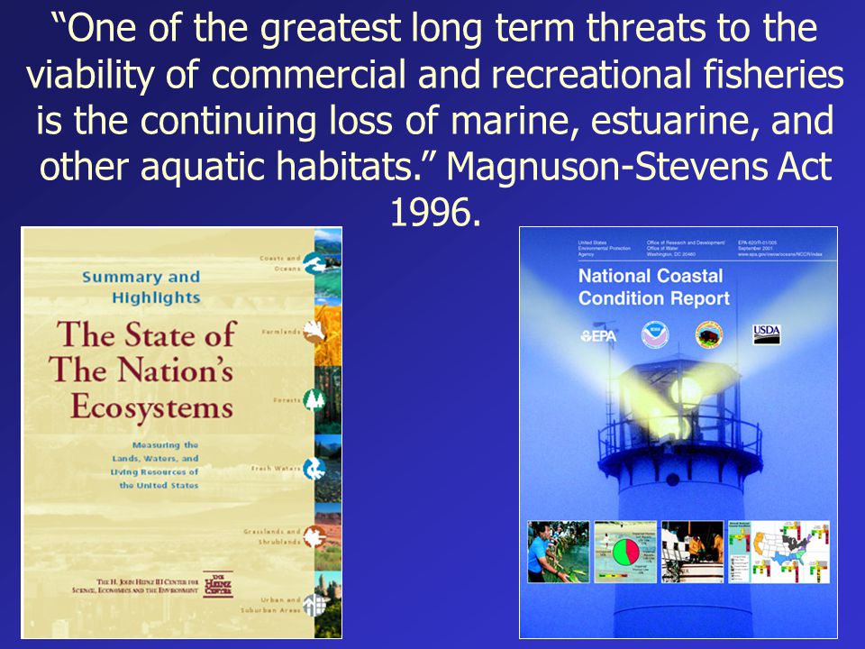 One of the greatest long term threats to the viability of commercial and recreational fisheries is the continuing loss of marine, estuarine, and other aquatic habitats. Magnuson-Stevens Act 1996.