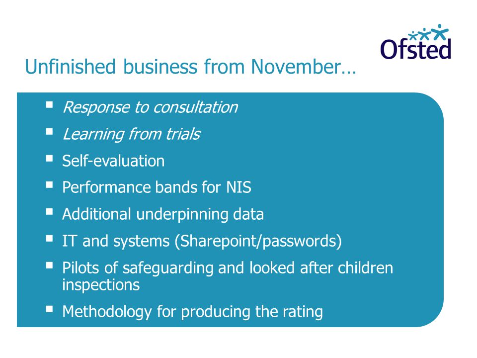 Unfinished business from November…  Response to consultation  Learning from trials  Self-evaluation  Performance bands for NIS  Additional underpinning data  IT and systems (Sharepoint/passwords)  Pilots of safeguarding and looked after children inspections  Methodology for producing the rating