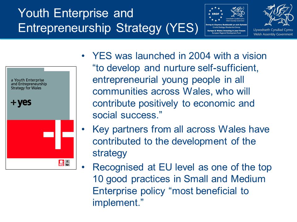 Youth Enterprise and Entrepreneurship Strategy (YES) YES was launched in 2004 with a vision to develop and nurture self-sufficient, entrepreneurial young people in all communities across Wales, who will contribute positively to economic and social success. Key partners from all across Wales have contributed to the development of the strategy Recognised at EU level as one of the top 10 good practices in Small and Medium Enterprise policy most beneficial to implement.