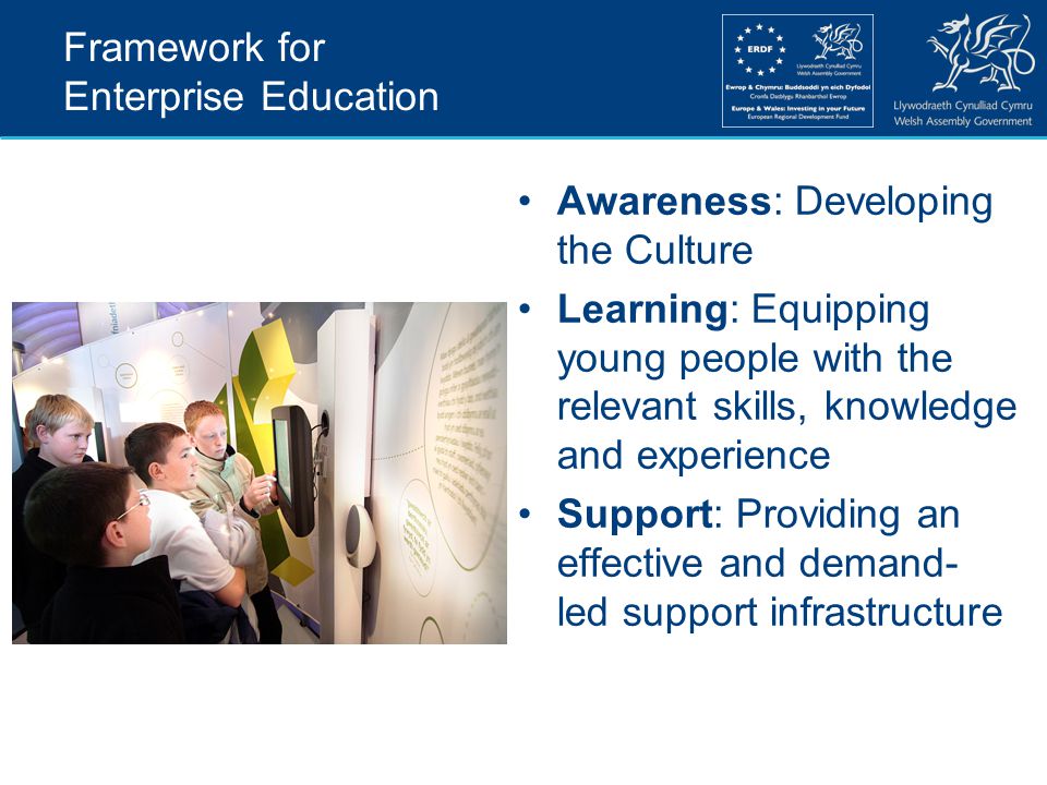 Framework for Enterprise Education Awareness: Developing the Culture Learning: Equipping young people with the relevant skills, knowledge and experience Support: Providing an effective and demand- led support infrastructure