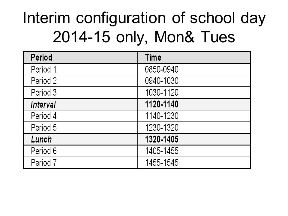 Interim configuration of school day only, Mon& Tues