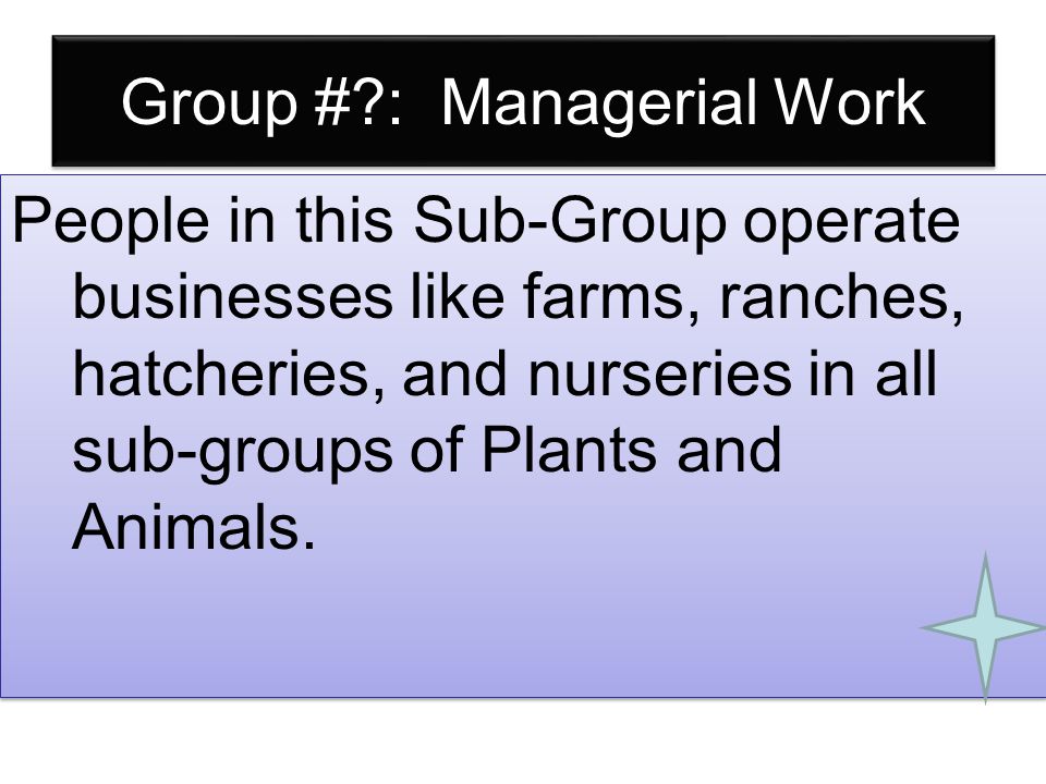 Group # : Managerial Work People in this Sub-Group operate businesses like farms, ranches, hatcheries, and nurseries in all sub-groups of Plants and Animals.