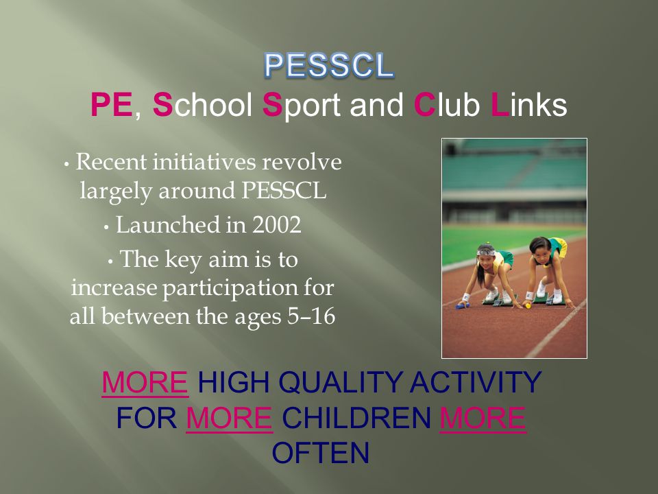 Recent initiatives revolve largely around PESSCL Launched in 2002 The key aim is to increase participation for all between the ages 5–16 MORE HIGH QUALITY ACTIVITY FOR MORE CHILDREN MORE OFTEN