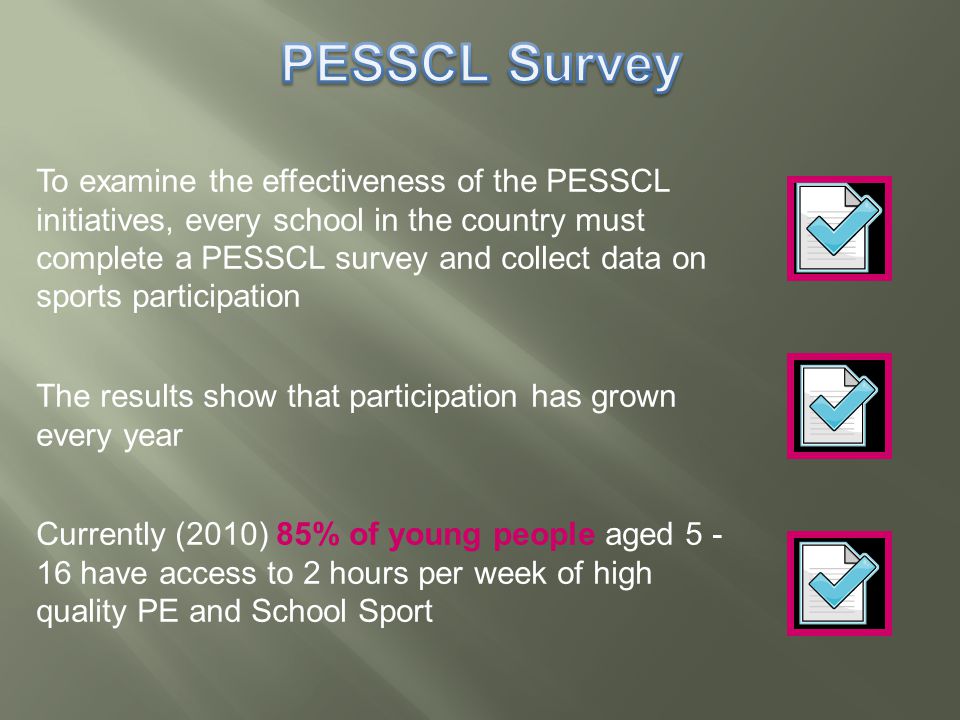 To examine the effectiveness of the PESSCL initiatives, every school in the country must complete a PESSCL survey and collect data on sports participation The results show that participation has grown every year Currently (2010) 85% of young people aged have access to 2 hours per week of high quality PE and School Sport