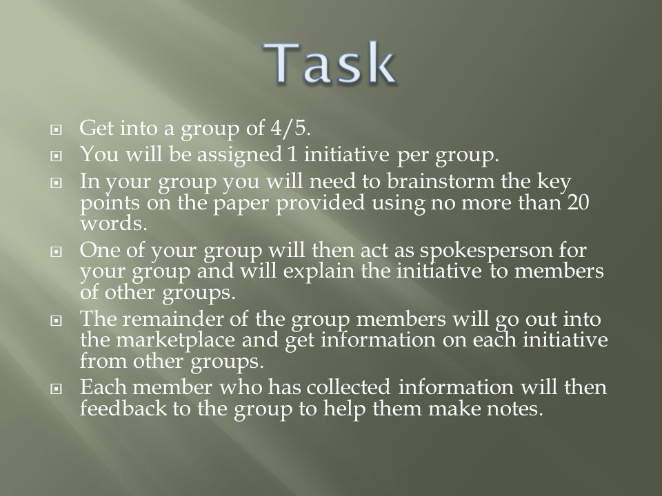  Get into a group of 4/5.  You will be assigned 1 initiative per group.