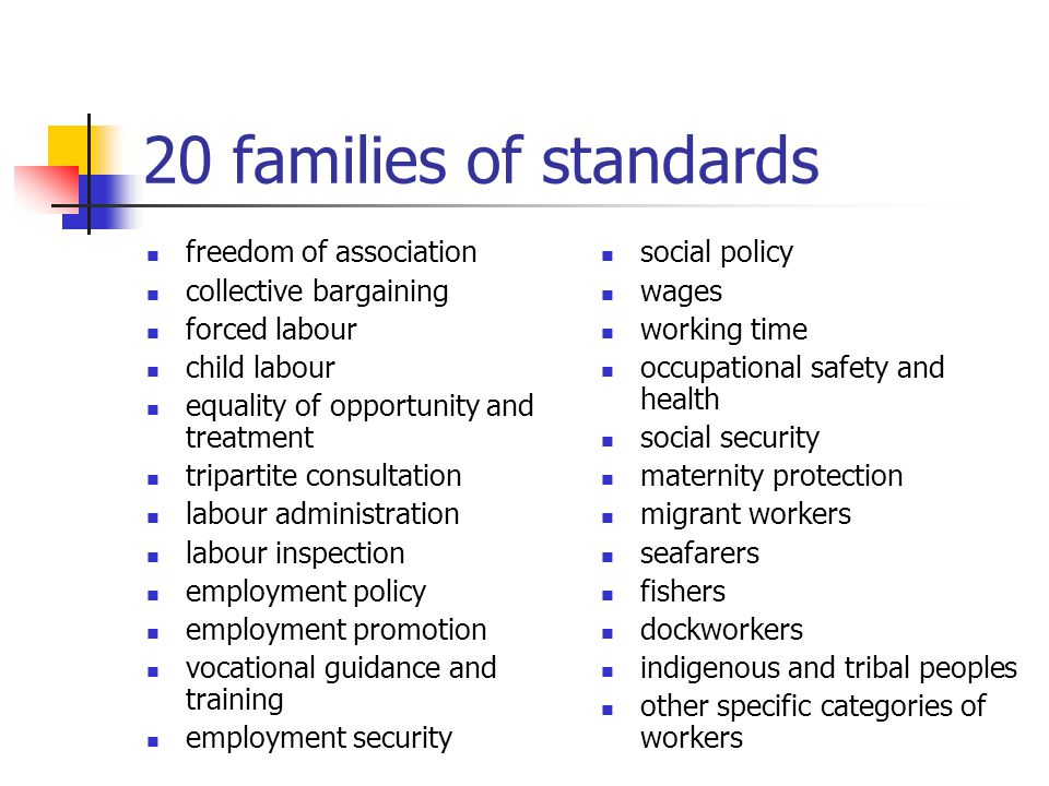 20 families of standards freedom of association collective bargaining forced labour child labour equality of opportunity and treatment tripartite consultation labour administration labour inspection employment policy employment promotion vocational guidance and training employment security social policy wages working time occupational safety and health social security maternity protection migrant workers seafarers fishers dockworkers indigenous and tribal peoples other specific categories of workers