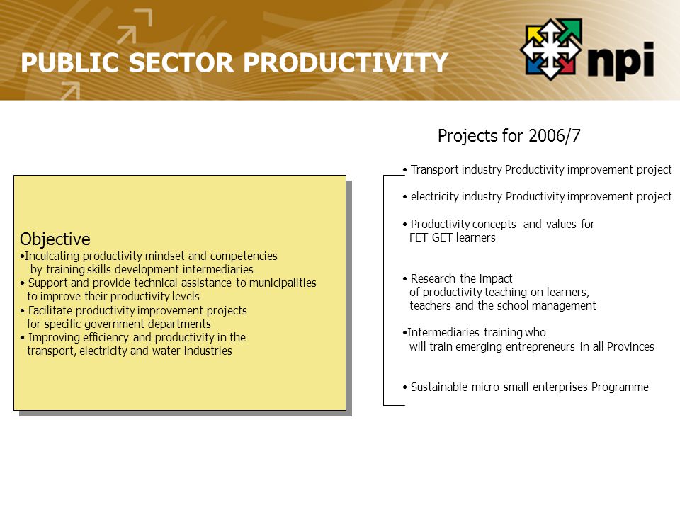 PUBLIC SECTOR PRODUCTIVITY Objective Inculcating productivity mindset and competencies by training skills development intermediaries Support and provide technical assistance to municipalities to improve their productivity levels Facilitate productivity improvement projects for specific government departments Improving efficiency and productivity in the transport, electricity and water industries Objective Inculcating productivity mindset and competencies by training skills development intermediaries Support and provide technical assistance to municipalities to improve their productivity levels Facilitate productivity improvement projects for specific government departments Improving efficiency and productivity in the transport, electricity and water industries Transport industry Productivity improvement project electricity industry Productivity improvement project Productivity concepts and values for FET GET learners Research the impact of productivity teaching on learners, teachers and the school management Intermediaries training who will train emerging entrepreneurs in all Provinces Sustainable micro-small enterprises Programme Projects for 2006/7