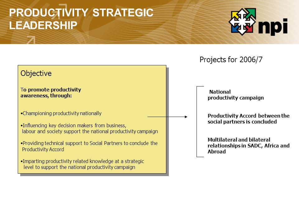 PRODUCTIVITY STRATEGIC LEADERSHIP Objective To promote productivity awareness, through: Championing productivity nationally Influencing key decision makers from business, labour and society support the national productivity campaign Providing technical support to Social Partners to conclude the Productivity Accord Imparting productivity related knowledge at a strategic level to support the national productivity campaign Objective To promote productivity awareness, through: Championing productivity nationally Influencing key decision makers from business, labour and society support the national productivity campaign Providing technical support to Social Partners to conclude the Productivity Accord Imparting productivity related knowledge at a strategic level to support the national productivity campaign Projects for 2006/7 National productivity campaign Productivity Accord between the social partners is concluded Multilateral and bilateral relationships in SADC, Africa and Abroad