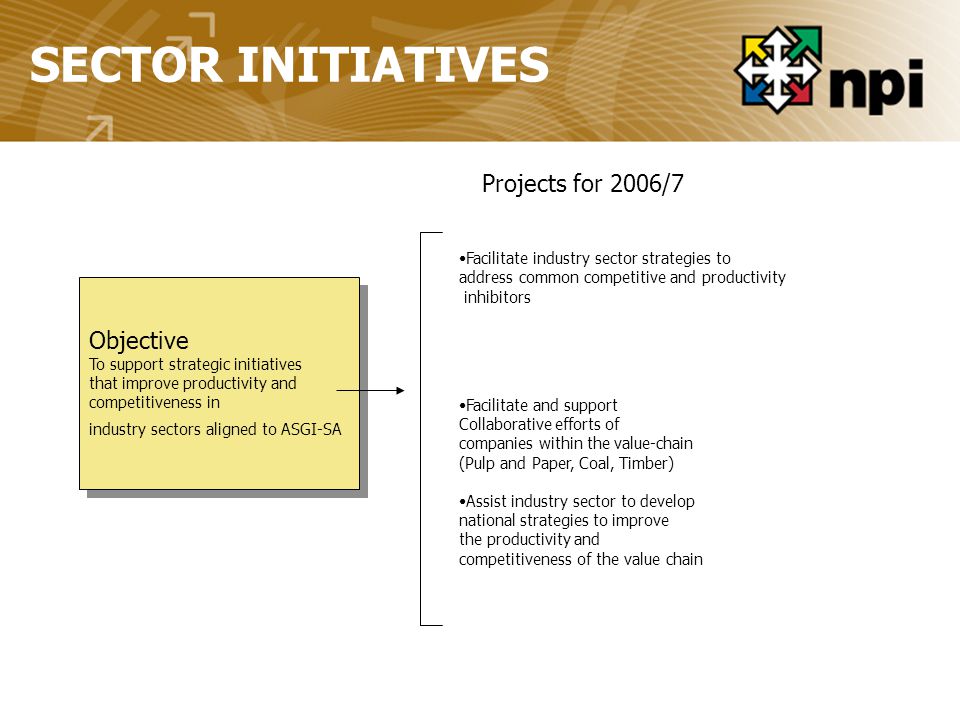 SECTOR INITIATIVES Objective To support strategic initiatives that improve productivity and competitiveness in industry sectors aligned to ASGI-SA Objective To support strategic initiatives that improve productivity and competitiveness in industry sectors aligned to ASGI-SA Projects for 2006/7 Facilitate and support Collaborative efforts of companies within the value-chain (Pulp and Paper, Coal, Timber) Assist industry sector to develop national strategies to improve the productivity and competitiveness of the value chain Facilitate industry sector strategies to address common competitive and productivity inhibitors