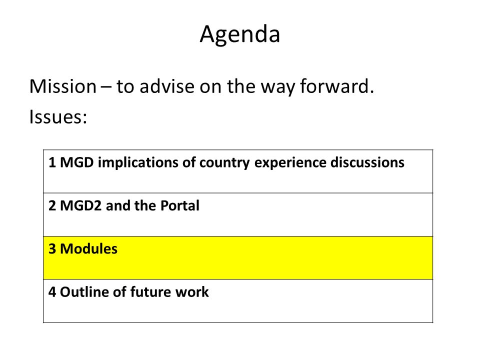 Agenda Mission – to advise on the way forward.