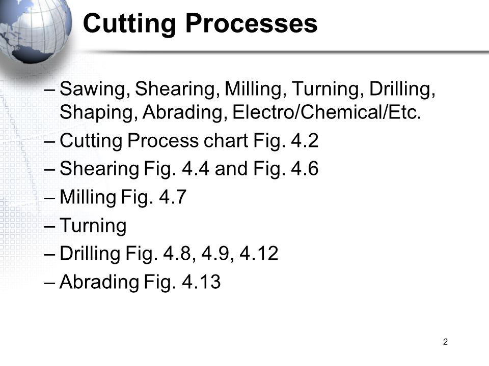 2 Cutting Processes –Sawing, Shearing, Milling, Turning, Drilling, Shaping, Abrading, Electro/Chemical/Etc.