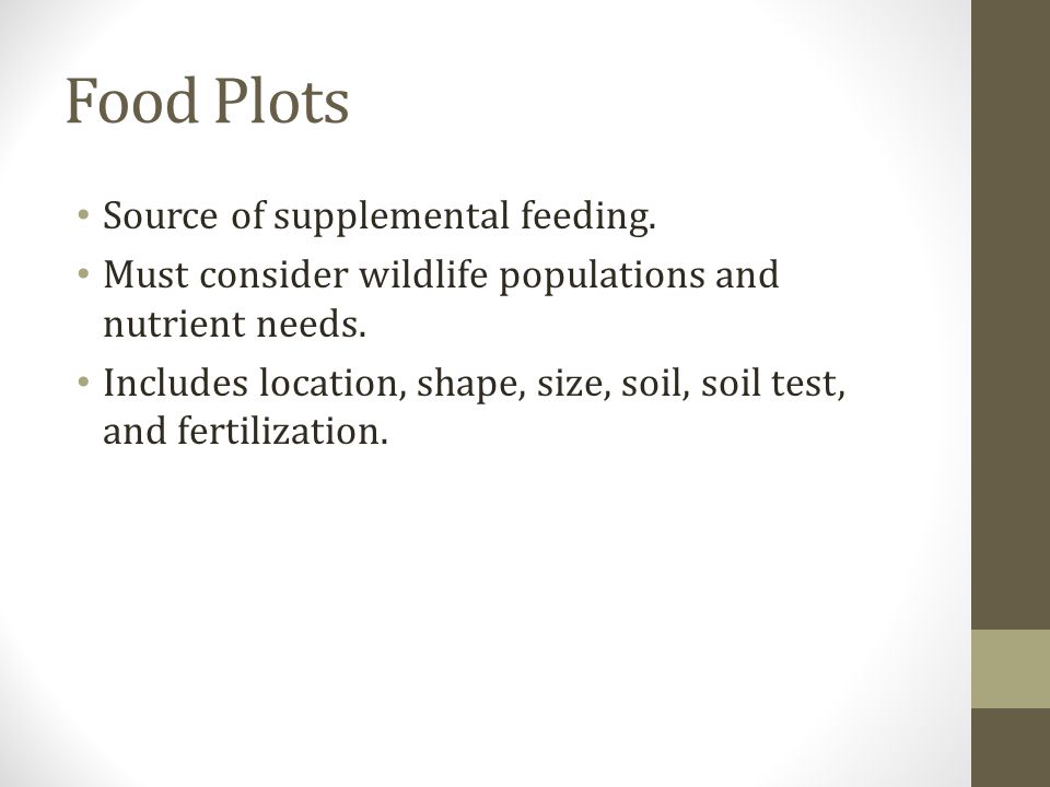 Food Plots Source of supplemental feeding. Must consider wildlife populations and nutrient needs.