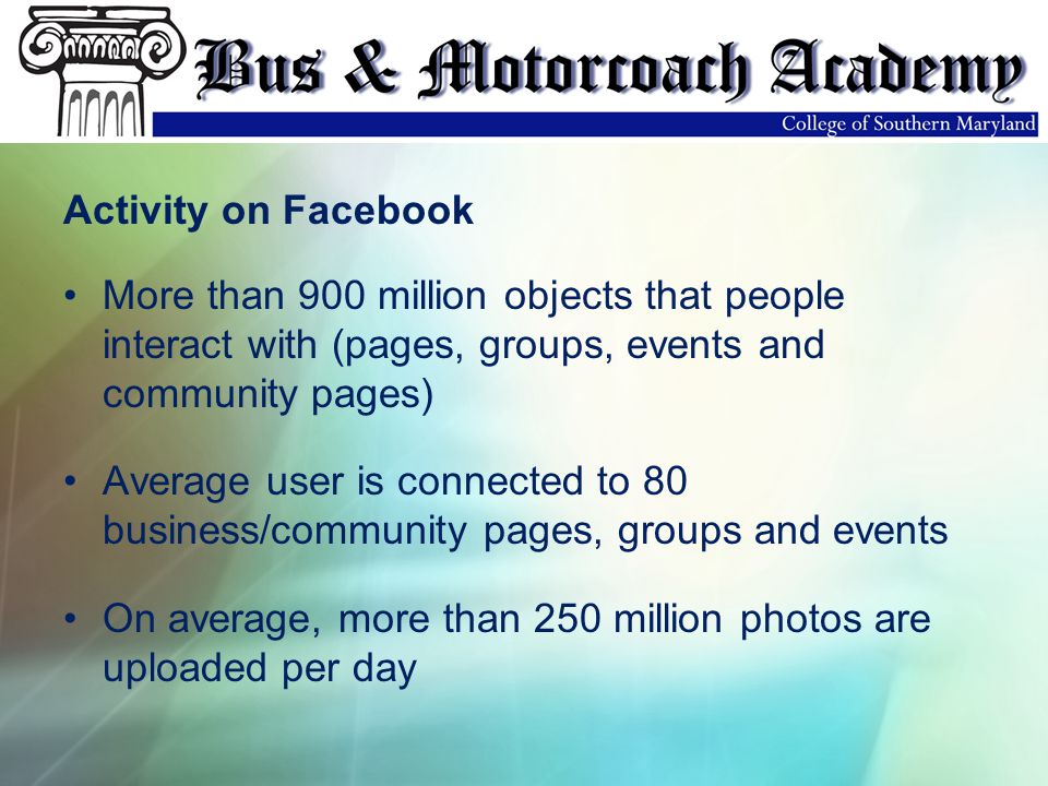 Activity on Facebook More than 900 million objects that people interact with (pages, groups, events and community pages) Average user is connected to 80 business/community pages, groups and events On average, more than 250 million photos are uploaded per day