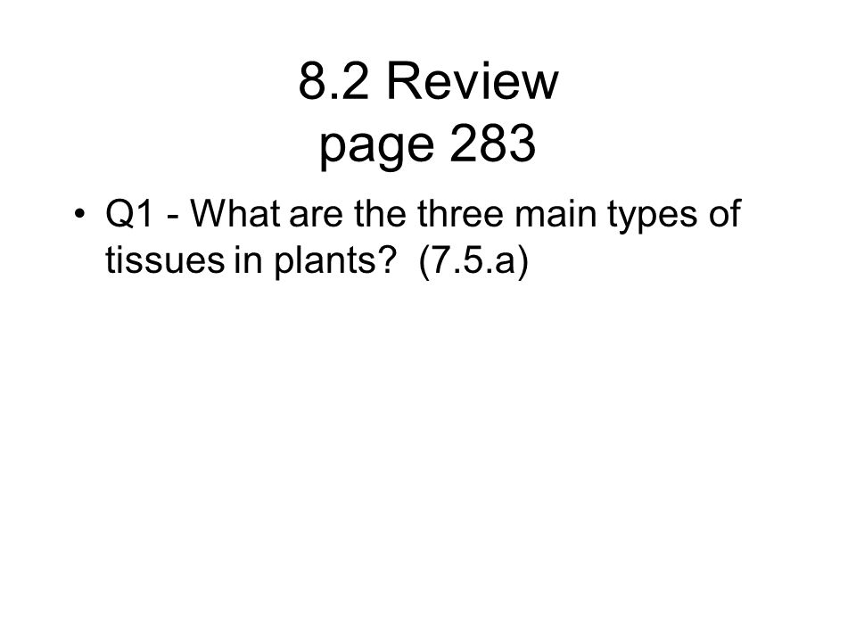8.2 Review page 283 Q1 - What are the three main types of tissues in plants (7.5.a)