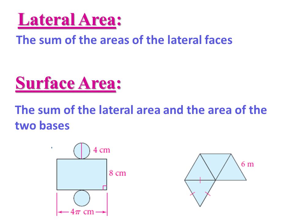 Lateral Area: The sum of the areas of the lateral faces Surface Area: The sum of the lateral area and the area of the two bases
