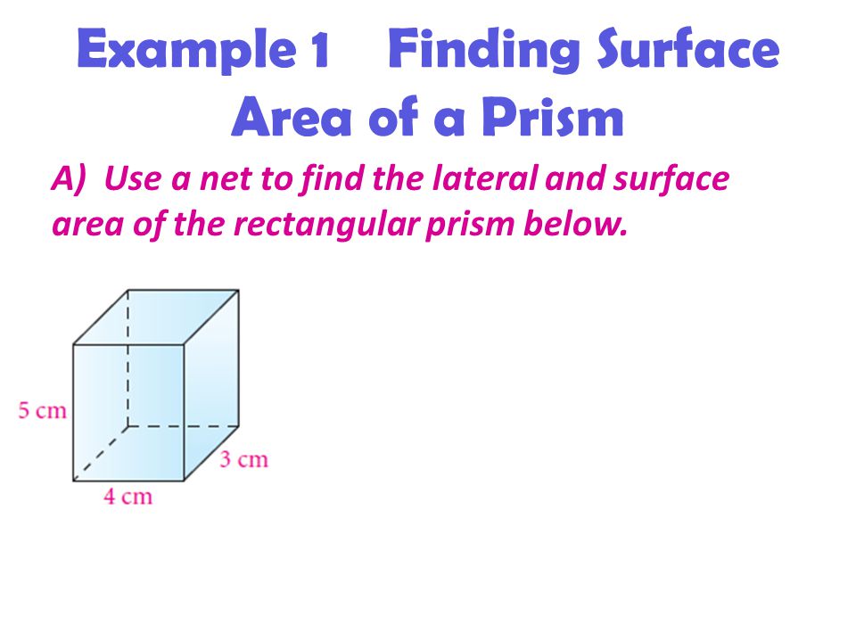 Example 1 Finding Surface Area of a Prism A) Use a net to find the lateral and surface area of the rectangular prism below.