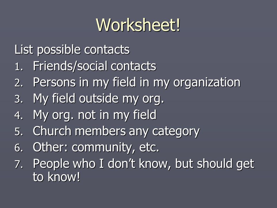 Worksheet. List possible contacts 1. Friends/social contacts 2.