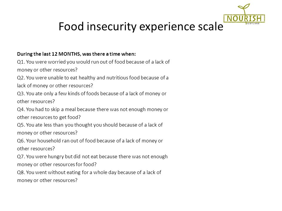 Food insecurity experience scale During the last 12 MONTHS, was there a time when: Q1.