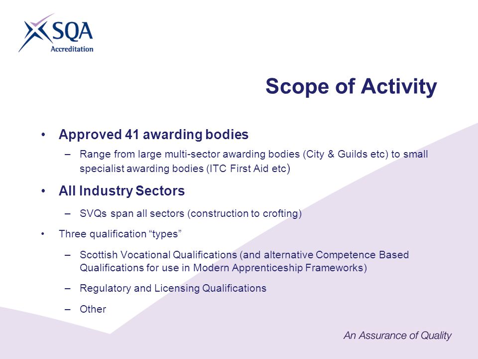 Scope of Activity Approved 41 awarding bodies –Range from large multi-sector awarding bodies (City & Guilds etc) to small specialist awarding bodies (ITC First Aid etc ) All Industry Sectors –SVQs span all sectors (construction to crofting) Three qualification types –Scottish Vocational Qualifications (and alternative Competence Based Qualifications for use in Modern Apprenticeship Frameworks) –Regulatory and Licensing Qualifications –Other