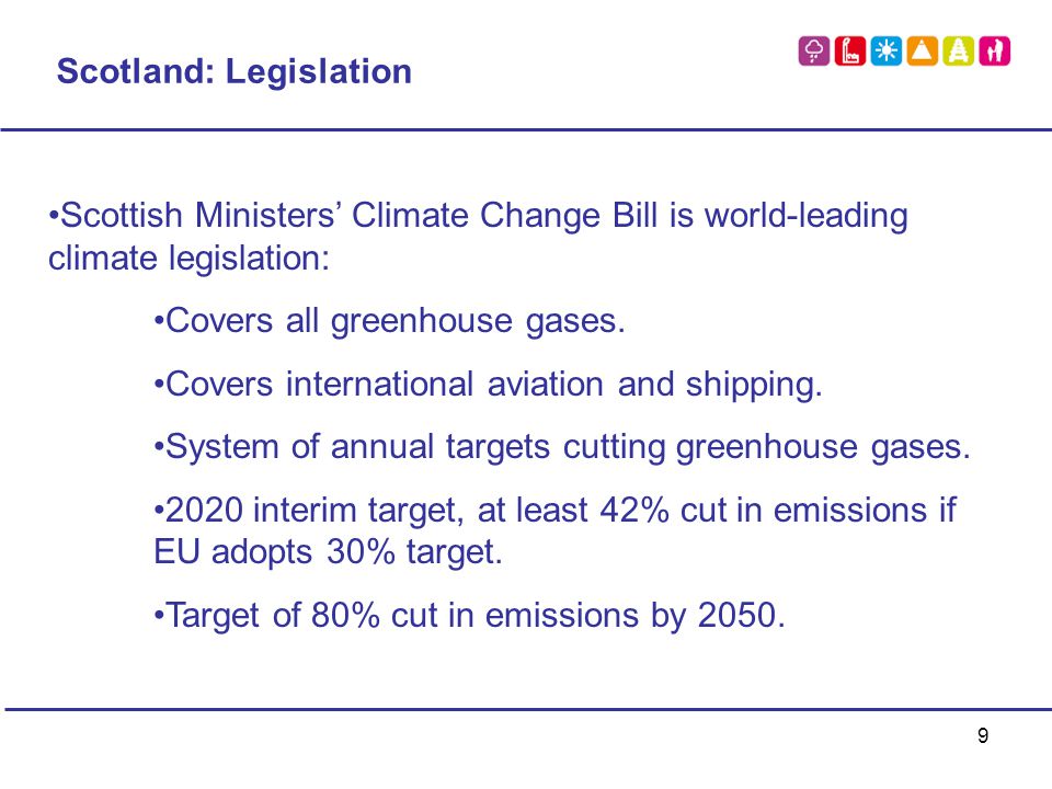 9 Scottish Ministers’ Climate Change Bill is world-leading climate legislation: Covers all greenhouse gases.