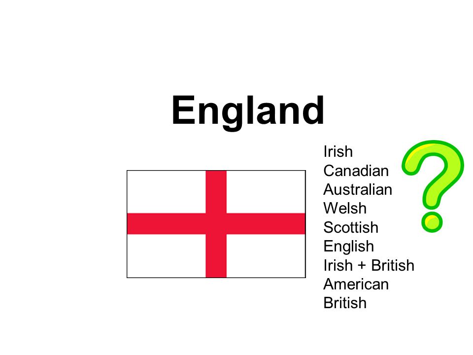 England Irish Canadian Australian Welsh Scottish English Irish + British American British