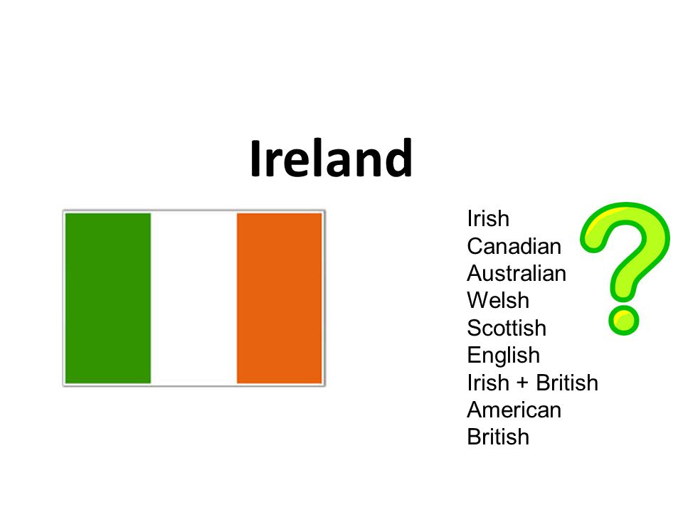 Ireland Irish Canadian Australian Welsh Scottish English Irish + British American British