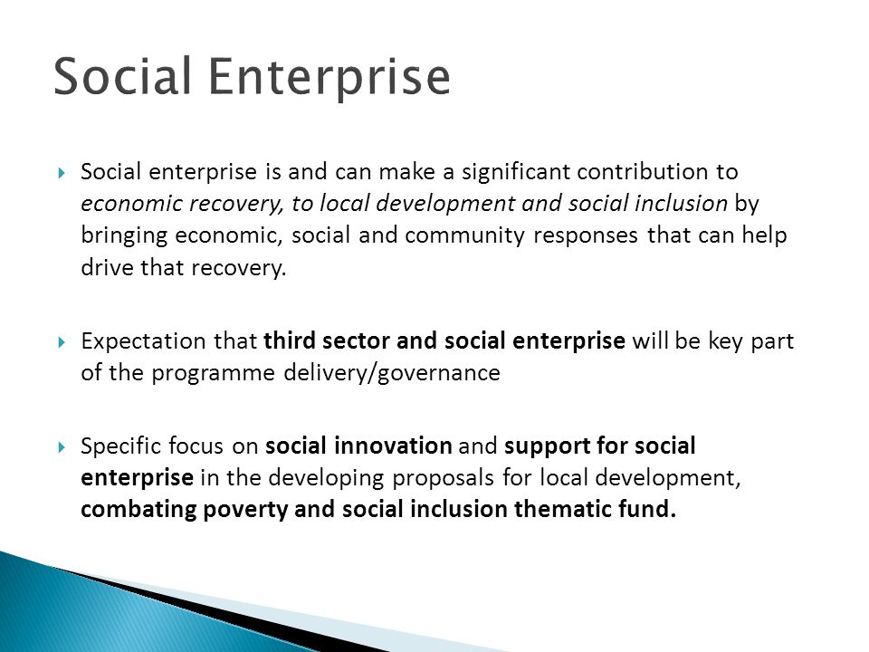  Social enterprise is and can make a significant contribution to economic recovery, to local development and social inclusion by bringing economic, social and community responses that can help drive that recovery.