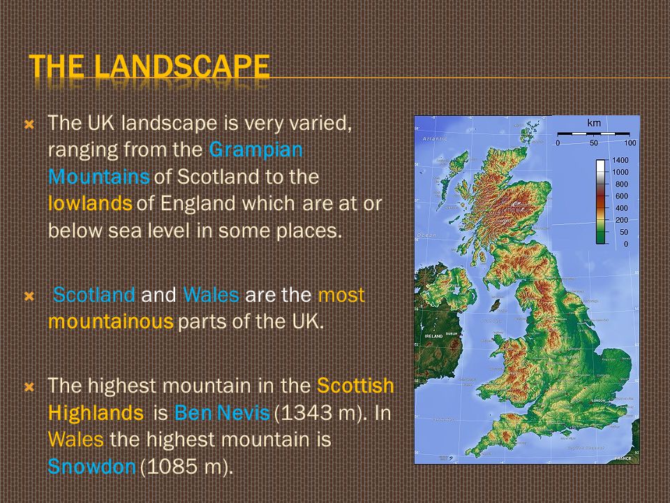  The UK landscape is very varied, ranging from the Grampian Mountains of Scotland to the lowlands of England which are at or below sea level in some places.
