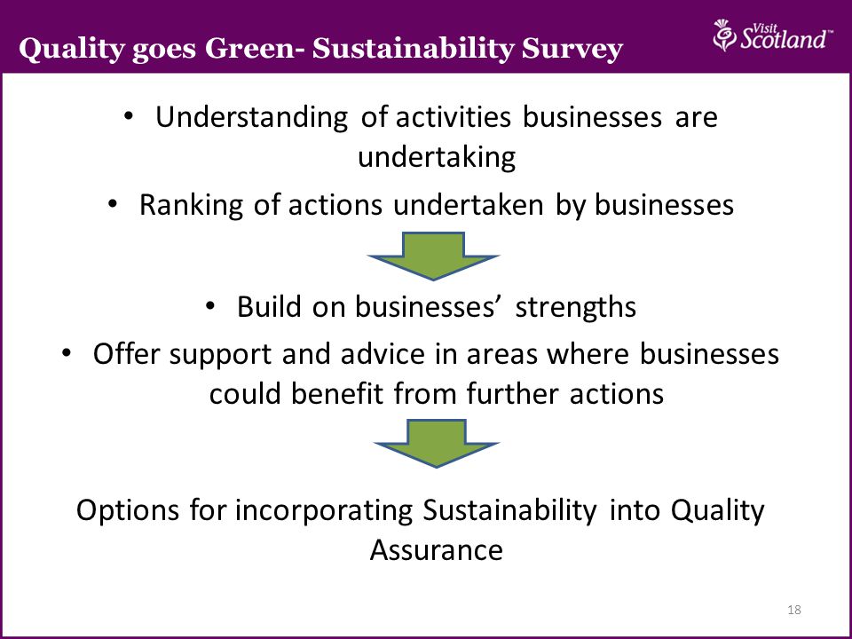 Understanding of activities businesses are undertaking Ranking of actions undertaken by businesses Build on businesses’ strengths Offer support and advice in areas where businesses could benefit from further actions Options for incorporating Sustainability into Quality Assurance 18 Quality goes Green- Sustainability Survey