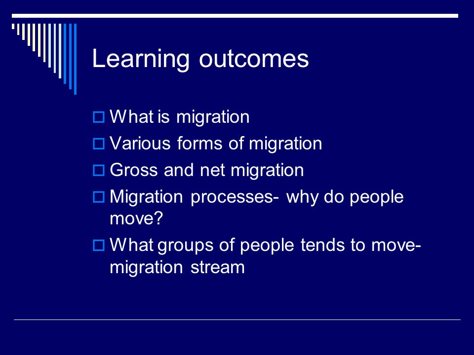 Learning outcomes  What is migration  Various forms of migration  Gross and net migration  Migration processes- why do people move.